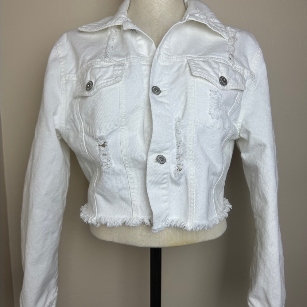 LOVE TREE White Denim Cropped Destroyed Jacket Womens M